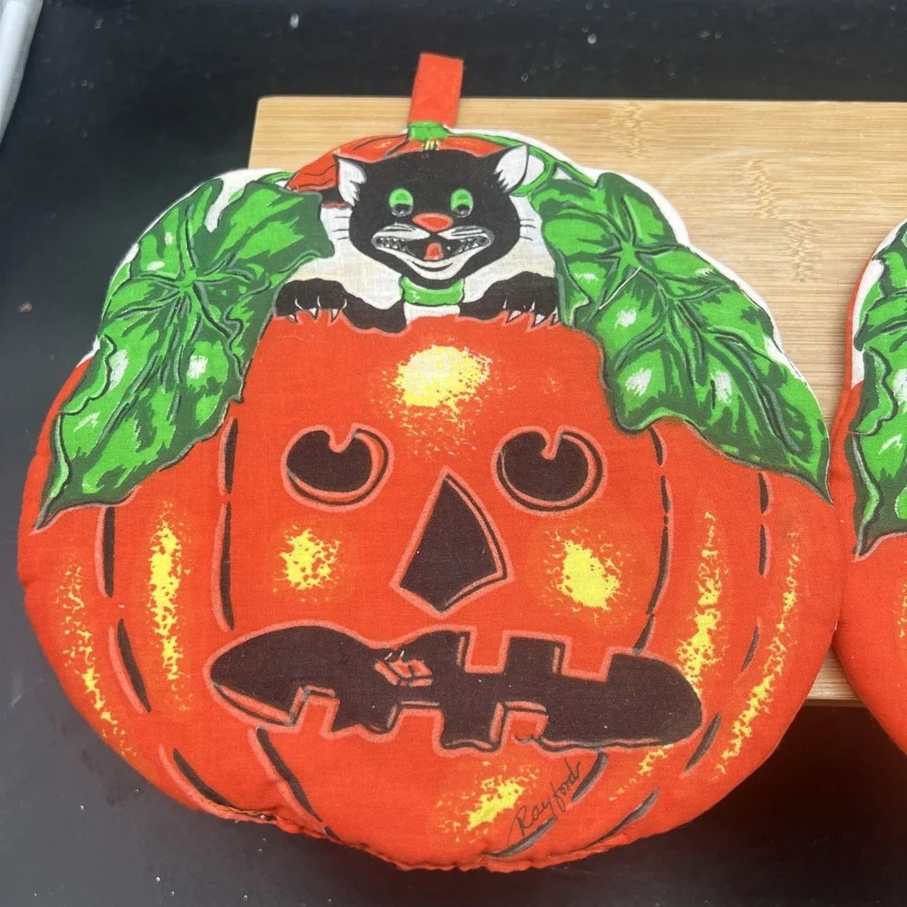 2 VTG Rayford Decorative Halloween Jack O'Lantern Black Cat Pot Holder/Hot Pad